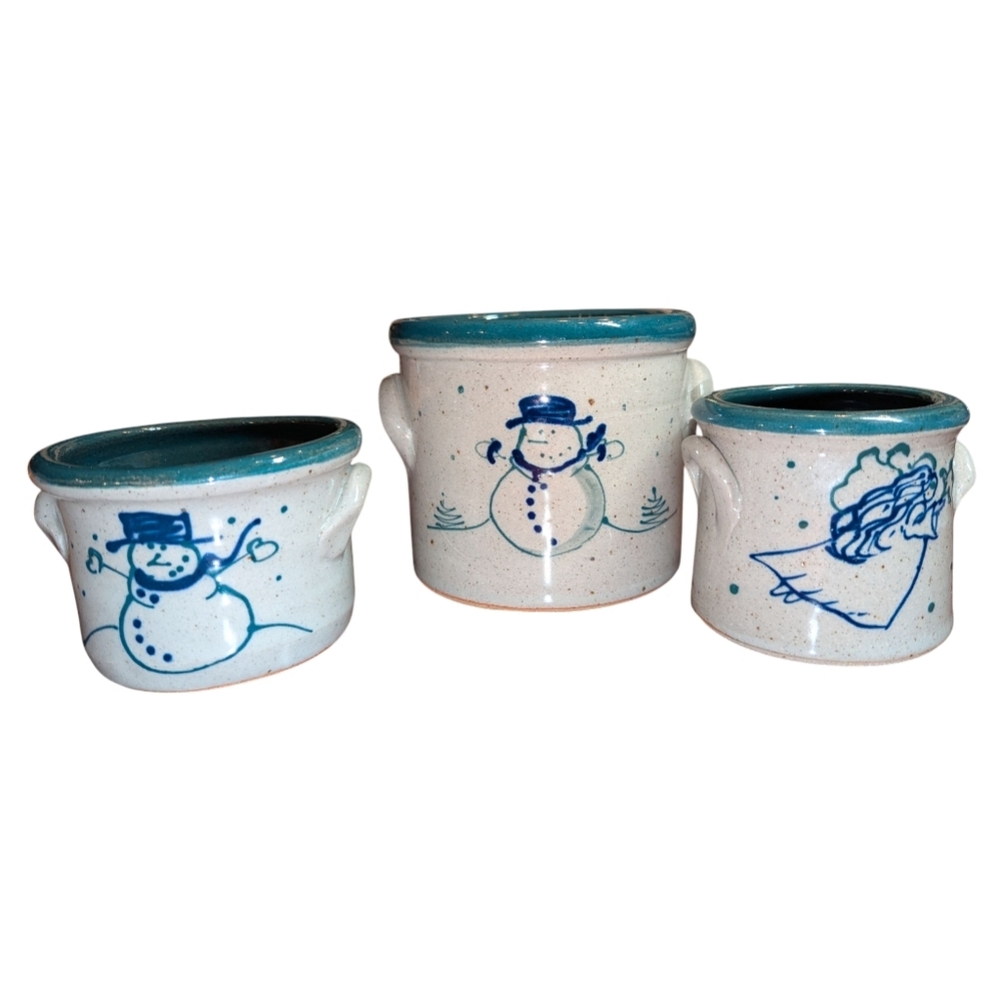 Set Of Three Great Bay Pottery Stoneware Crocks, Snowmen And Angel